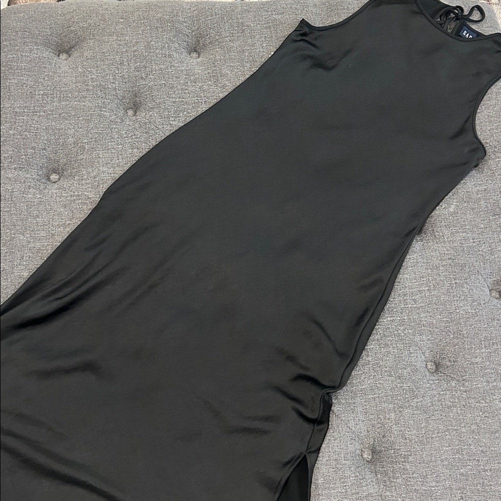 GAP Black Satin Sheath Midi Dress w/Side Slit - Picture 2 of 5